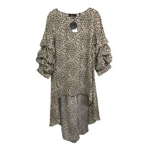 P.Luca Milano Women's Tunic Top Hi-Lo Puff Gathered Sleeves Brown‎ Leopard L NWT